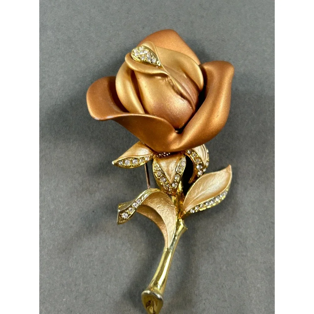 Vintage Gold Tone Matte Satin Rose Flower Brooch Rhinestone Accent Floral Pin